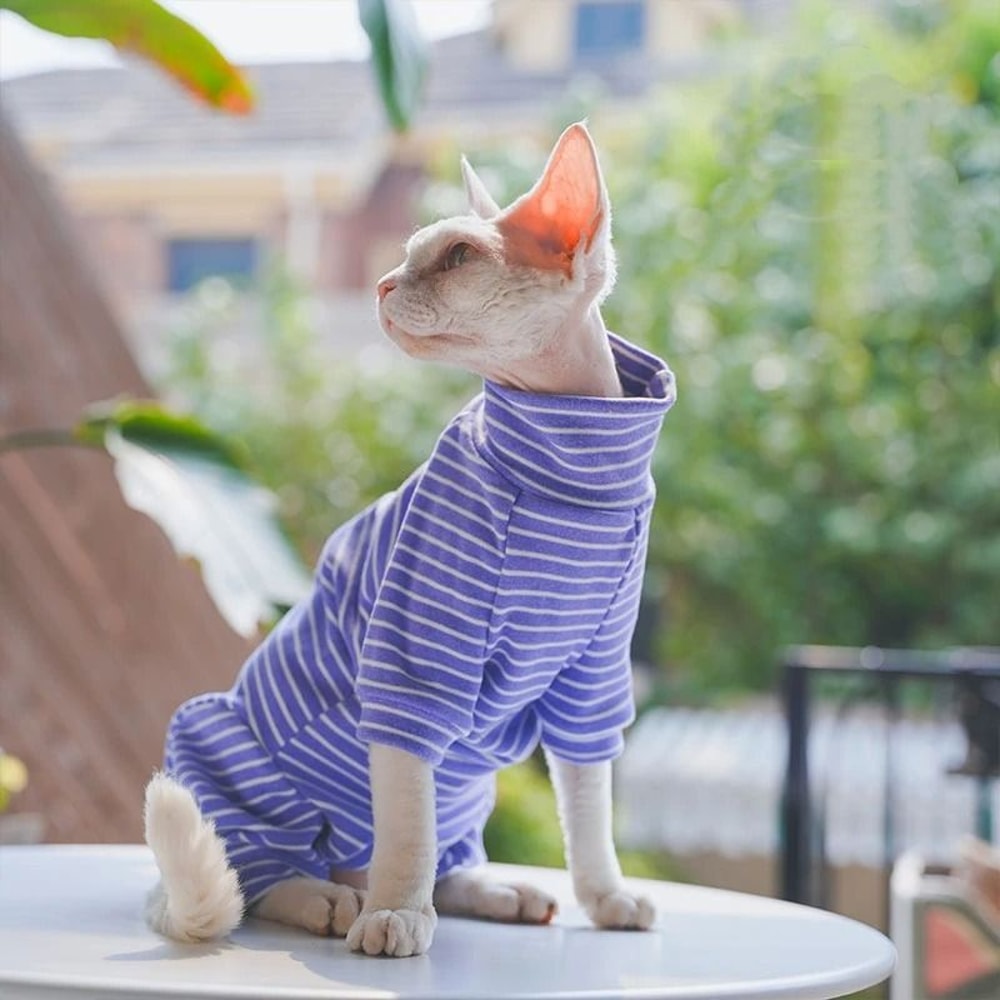 Striped Cotton Winter Cat Jumpsuit For Sphynx Devon Rex Kittens And Small Cats 0