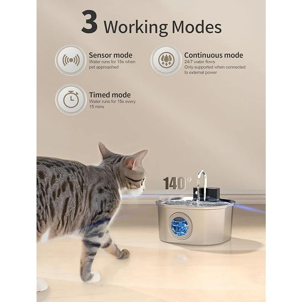 Wireless 3L Stainless Steel Cat Water Fountain With Battery And Smart Faucet Flow 6