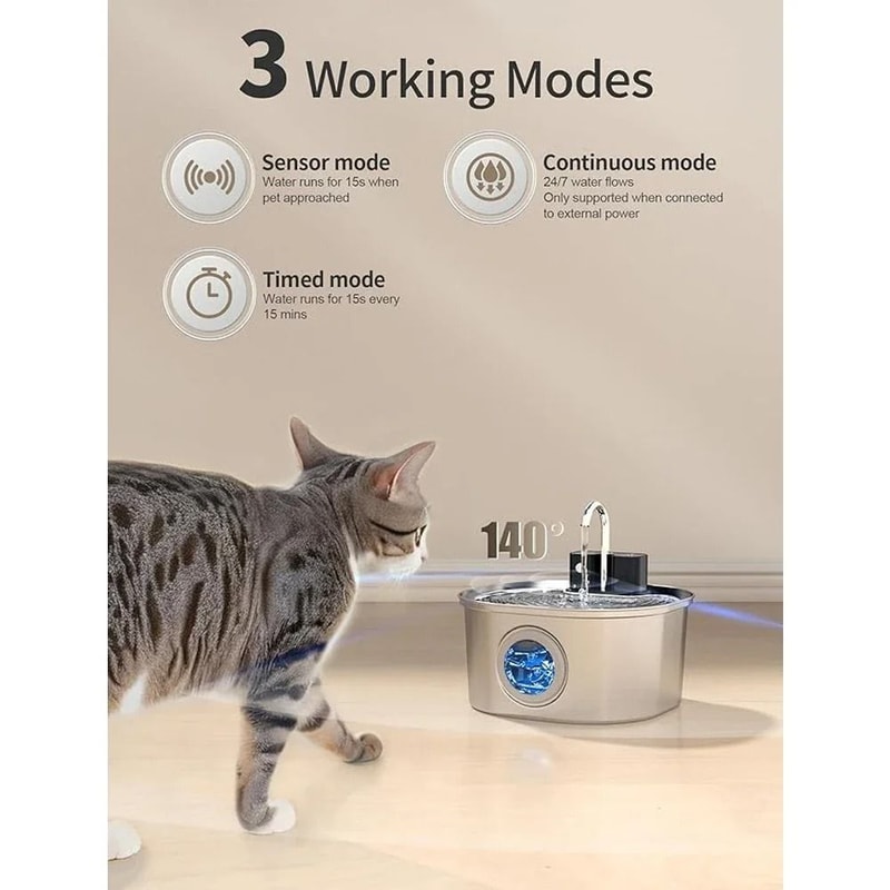 Wireless 3L Stainless Steel Cat Water Fountain With Battery And Smart Faucet Flow 6