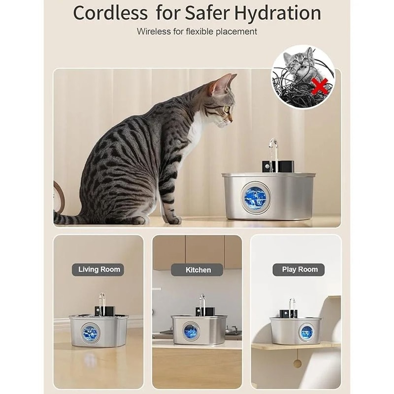 Wireless 3L Stainless Steel Cat Water Fountain With Battery And Smart Faucet Flow 7