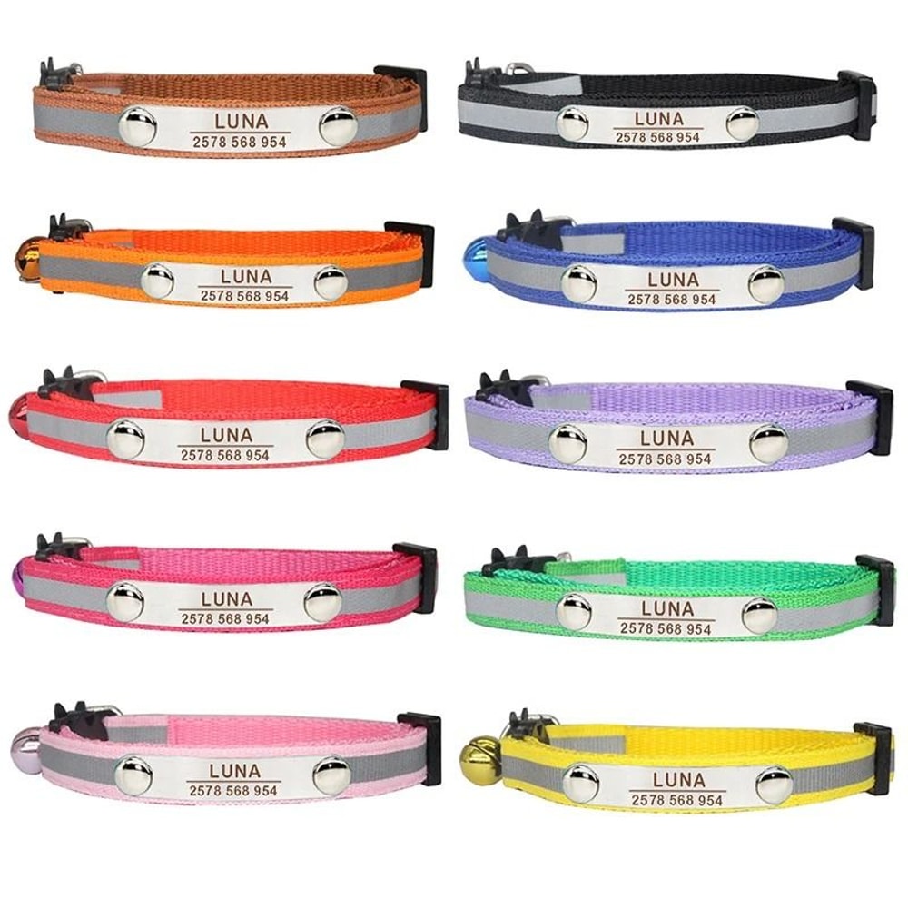 Personalized Reflective Cat Collar Engraved Adjustable Safety Buckle With Bell For Kittens 12
