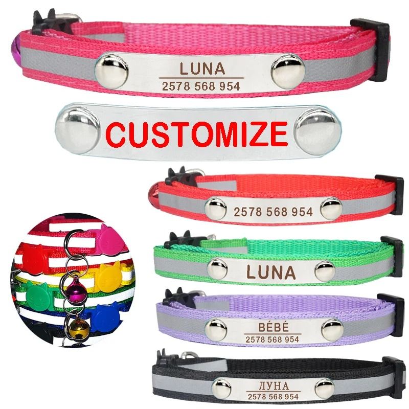 Personalized Reflective Cat Collar Engraved Adjustable Safety Buckle With Bell For Kittens 14