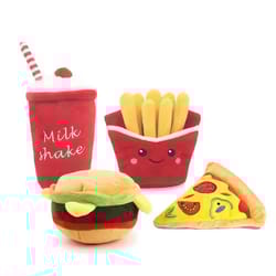 fast-food squeaky plush dog toy (burger, fries, pizza, or milkshake) for chewing & play
