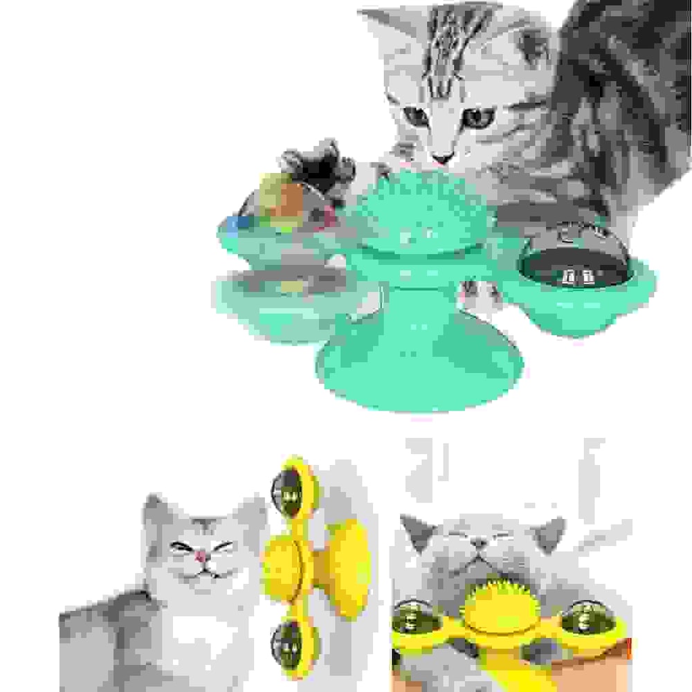 Windmill Interactive Cat Toy With Suction Cup Catnip Ball Toy ToothCleaning Brush 0