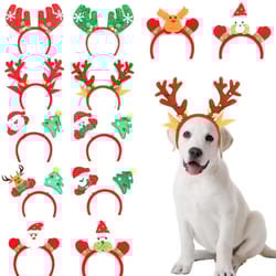 pet christmas headband with bouncy reindeer antlers or snowman adjustable holiday hair band
