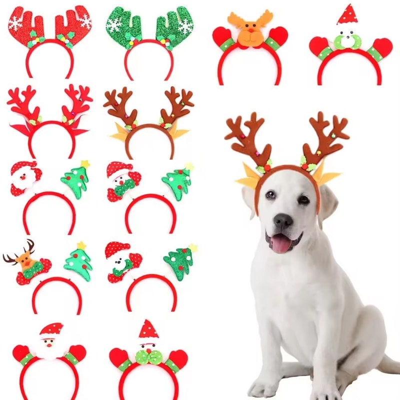 Pet Christmas Headband With Bouncy Reindeer Antlers Or Snowman Adjustable Holiday Hair Band 0