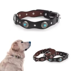 retro genuine leather beaded flower dog collar for large dogs (ethnic style)
