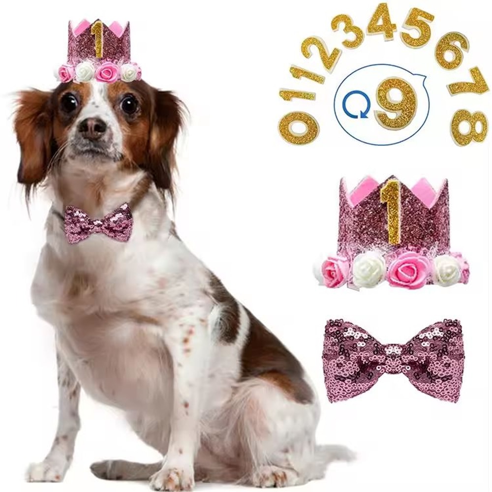 Reusable Pet Birthday Crown Bow Tie Set Adjustable Dog Birthday Hat For SmallMedium Pets 2