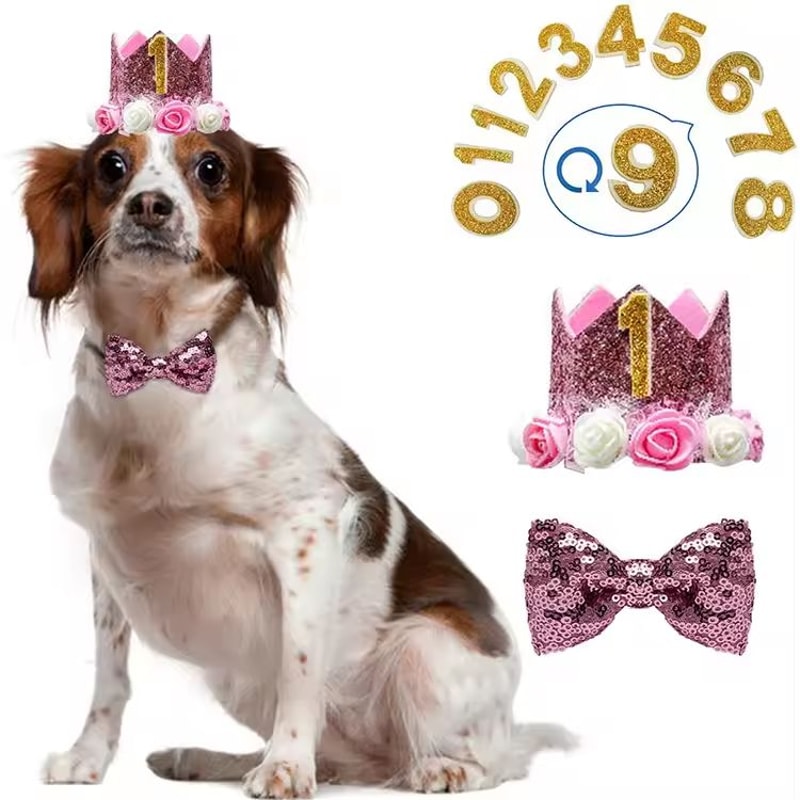 Reusable Pet Birthday Crown Bow Tie Set Adjustable Dog Birthday Hat For SmallMedium Pets 2