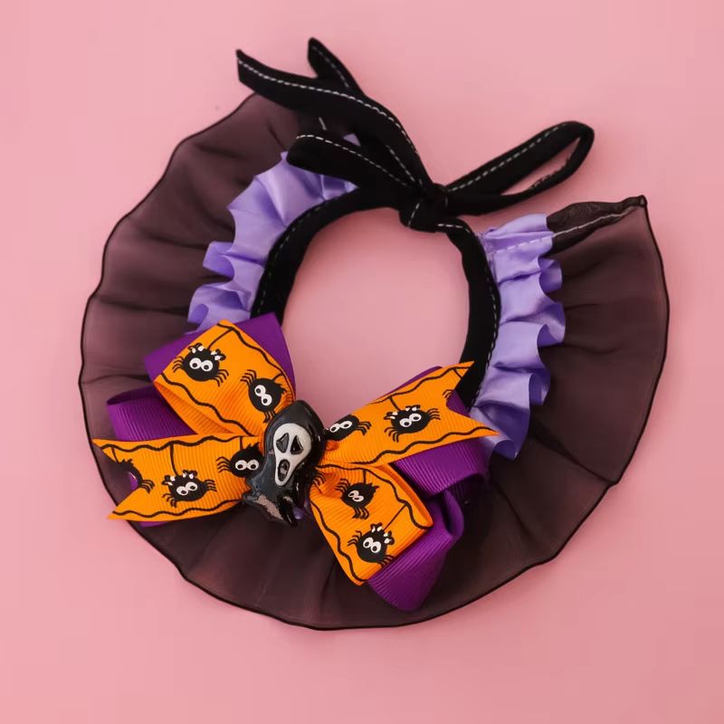 Halloween Pet Collar Bandana With Pumpkin Bow Lace Trim Bat Wings Adjustable Sizes 5