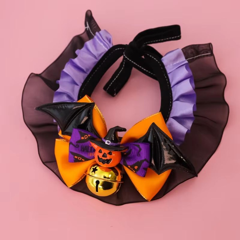 Halloween Pet Collar Bandana With Pumpkin Bow Lace Trim Bat Wings Adjustable Sizes 6