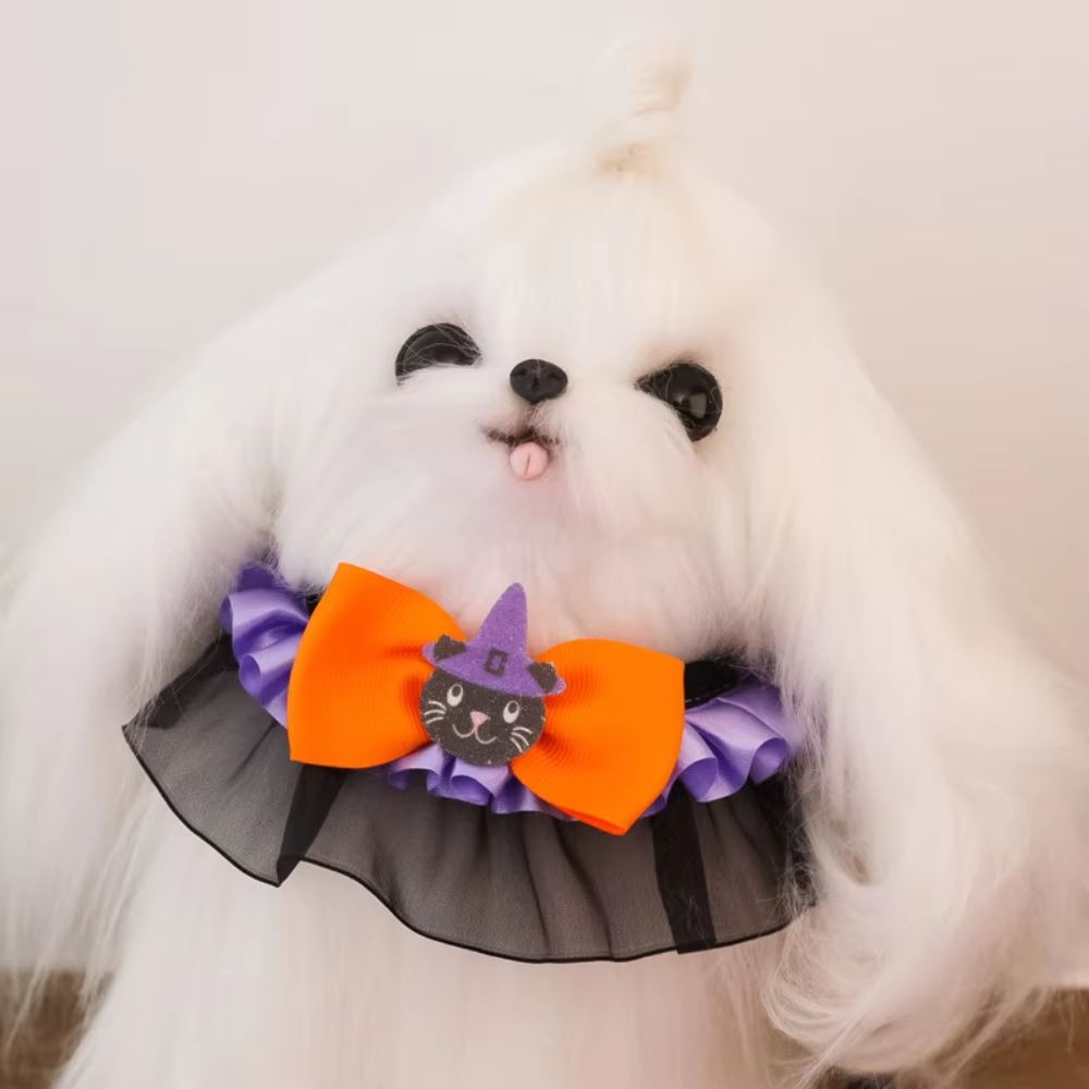 Halloween Pet Collar Bandana With Pumpkin Bow Lace Trim Bat Wings Adjustable Sizes 1