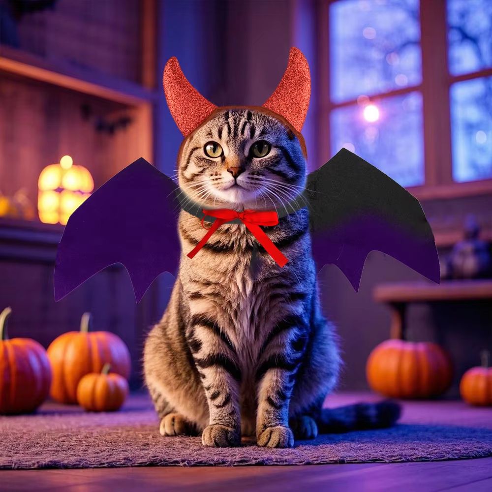 Cat Devil Costume TwoPiece Set With Bat Wings For Cats And Horn Headband 1
