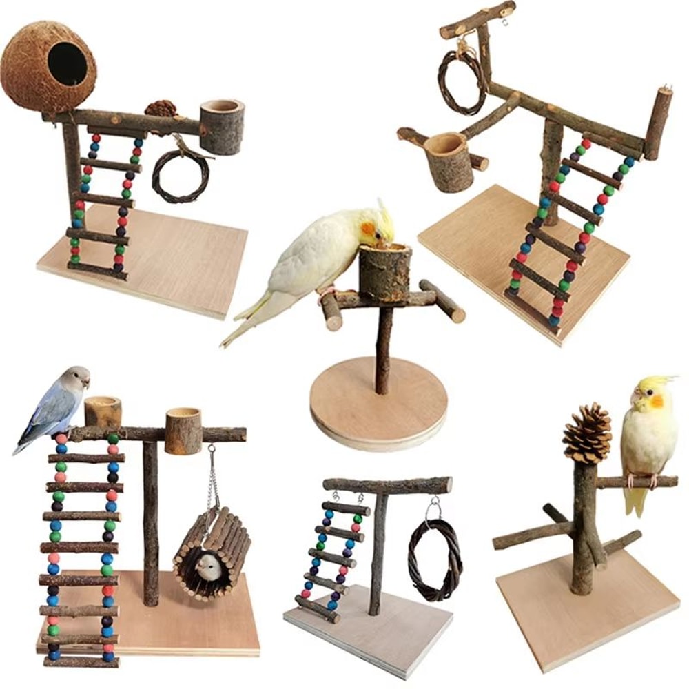Solid Wood Parrot Training Stand Tabletop Bird Perch Playground 0