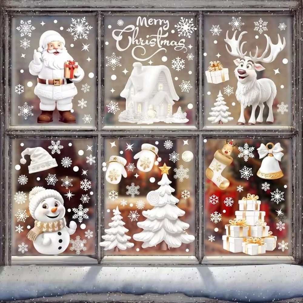 Reusable Christmas Window Clings Snowman Tree White Static Decals For Glass Doors 0