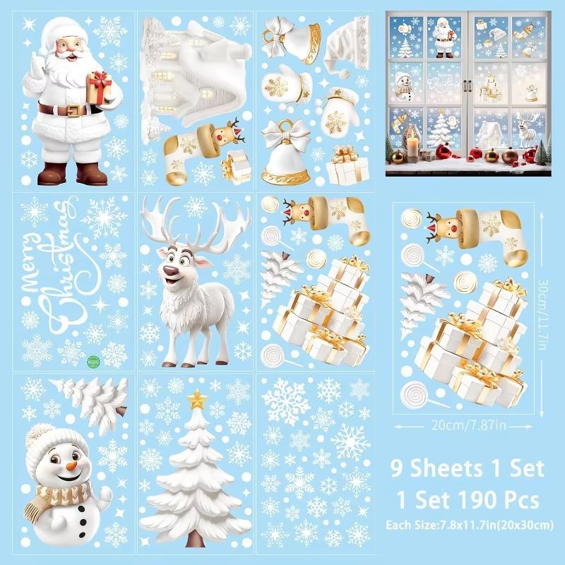 Reusable Christmas Window Clings Snowman Tree White Static Decals For Glass Doors 9