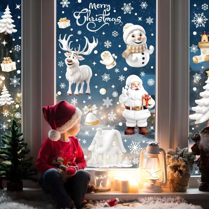 Reusable Christmas Window Clings Snowman Tree White Static Decals For Glass Doors 5