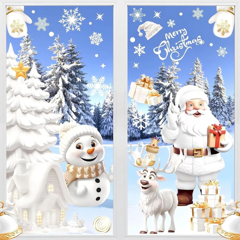 Reusable Christmas Window Clings Snowman Tree White Static Decals For Glass Doors 6