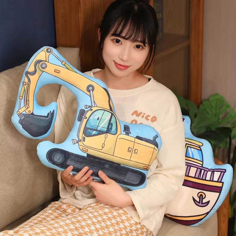 Cartoon Vehicle Plush Pillow For Kids Fire Truck Police Car Excavator 6