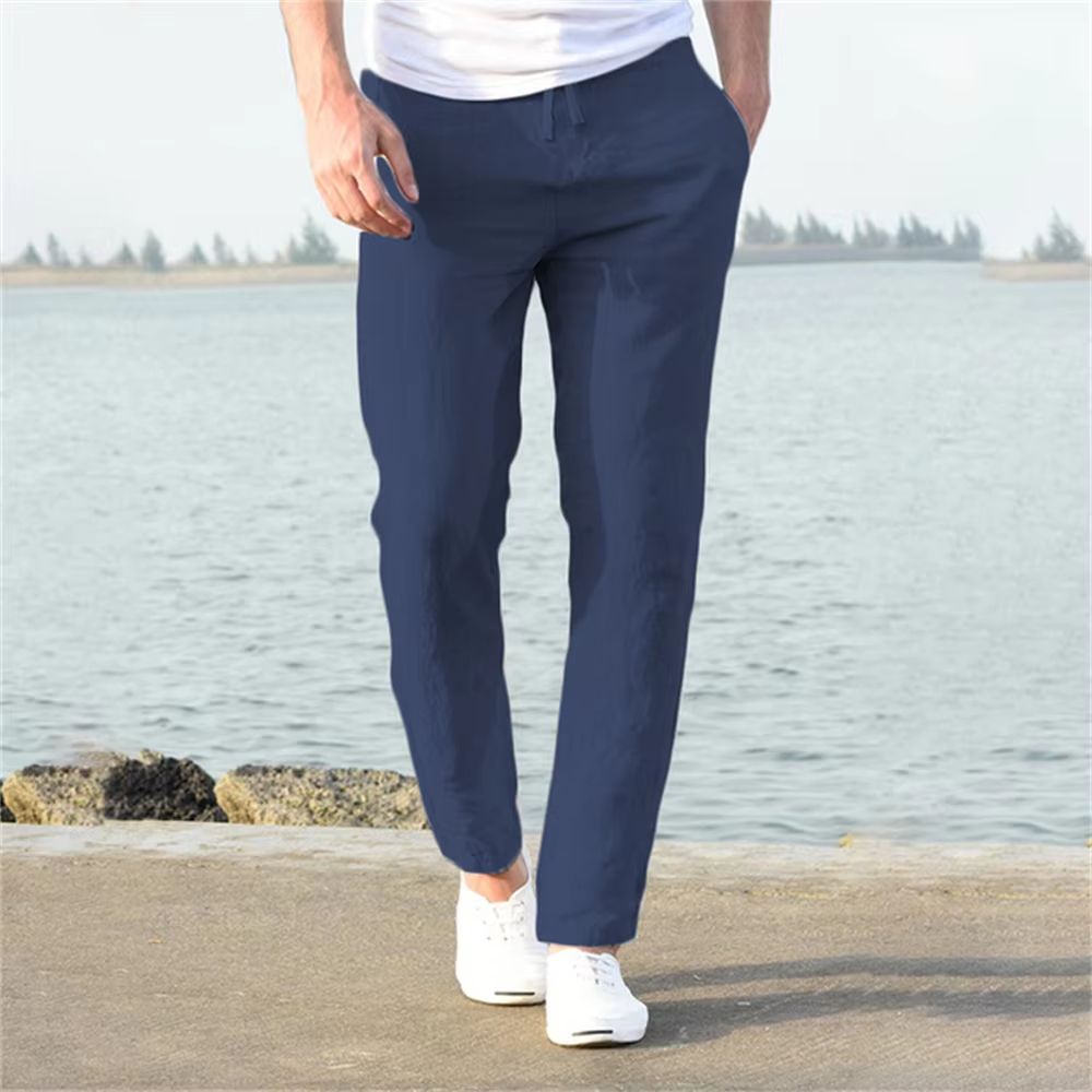 Mens CottonLinen Elastic Waist Trousers Breathable Casual Streetwear 7