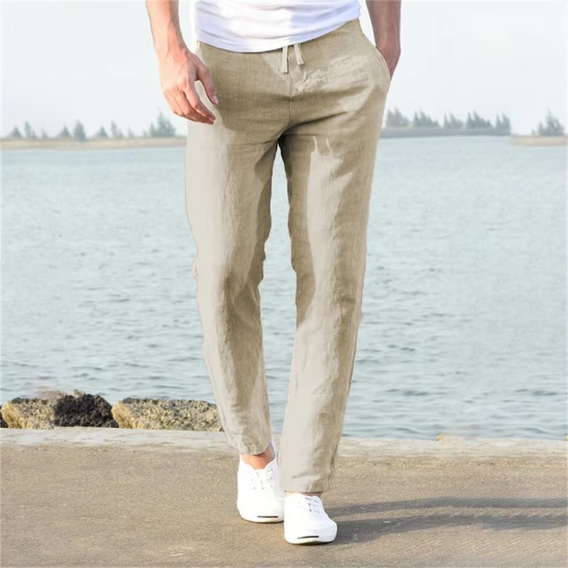 Mens CottonLinen Elastic Waist Trousers Breathable Casual Streetwear 2