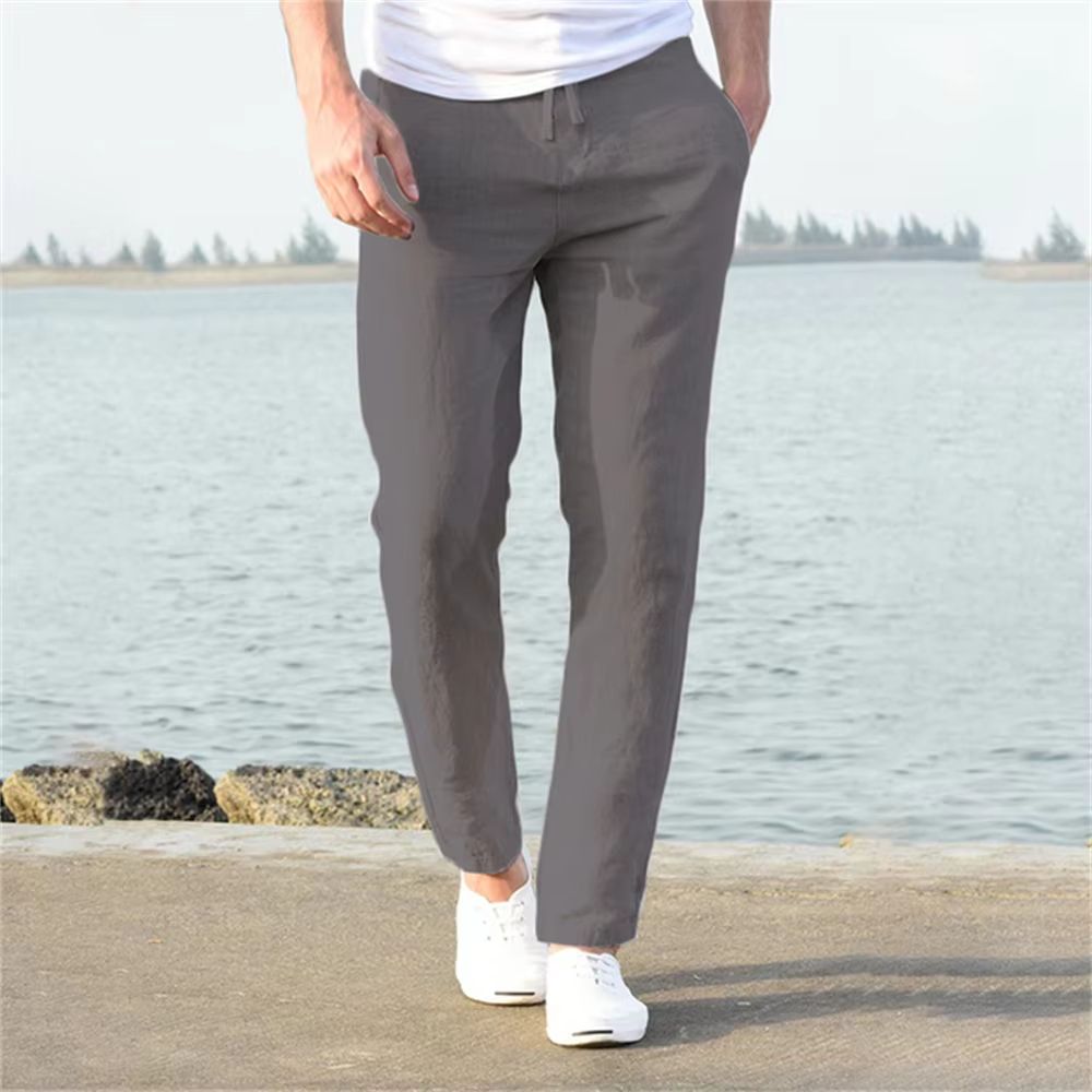Mens CottonLinen Elastic Waist Trousers Breathable Casual Streetwear 5