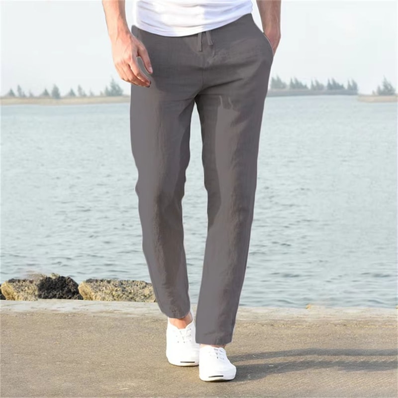Mens CottonLinen Elastic Waist Trousers Breathable Casual Streetwear 5