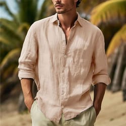 mens linen shirt cotton-linen button up, breathable turn-down collar casual top