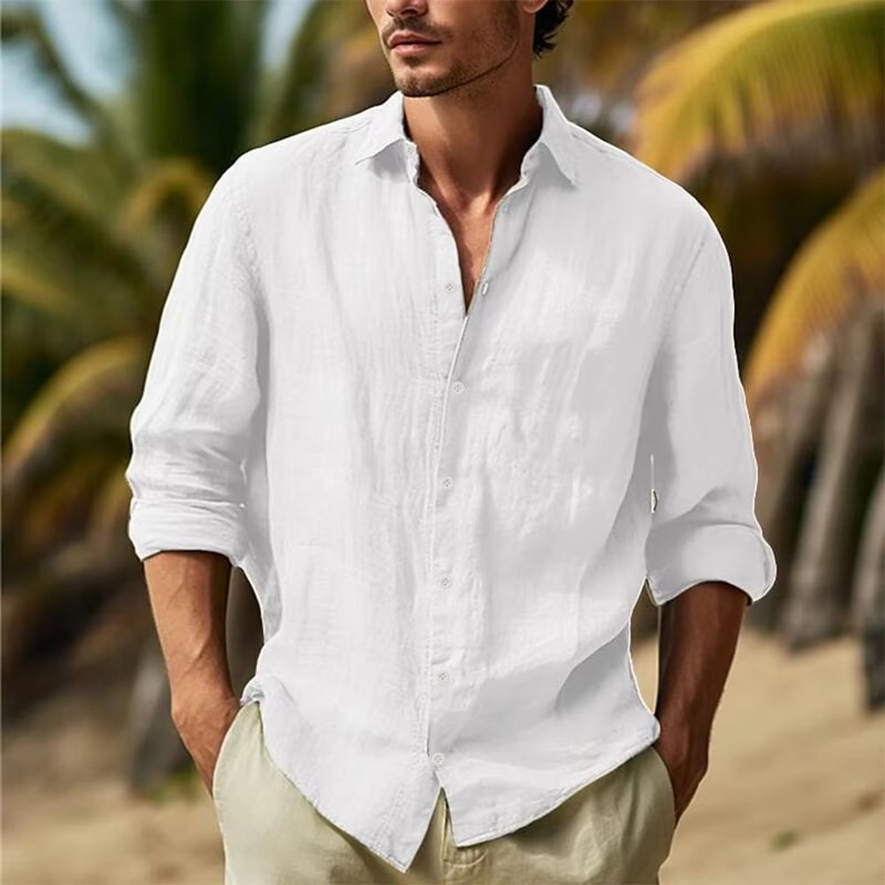 Mens Linen Shirt CottonLinen Button Up Breathable TurnDown Collar Casual Top 2