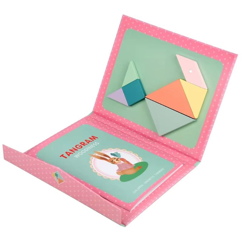 Portable Magnetic Tangram Puzzle Montessori Puzzle Book With Wooden Pieces TravelFriendly 9