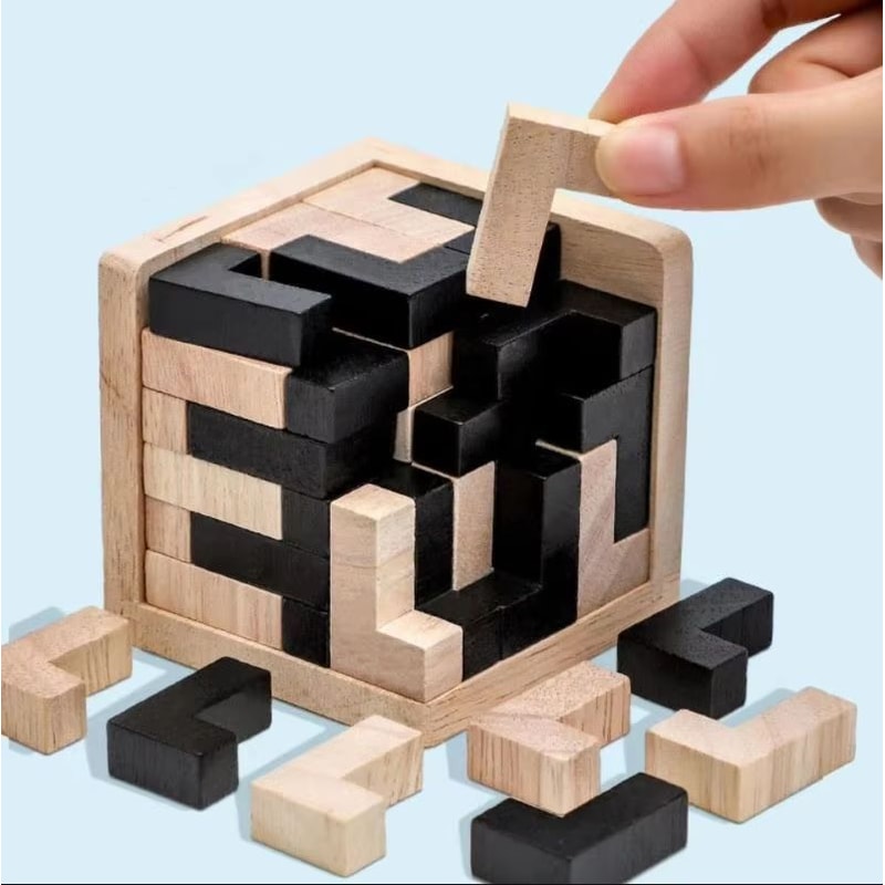 3D Luban Lock Puzzle Wooden Cube Interlocking IQ Challenge Toy 3