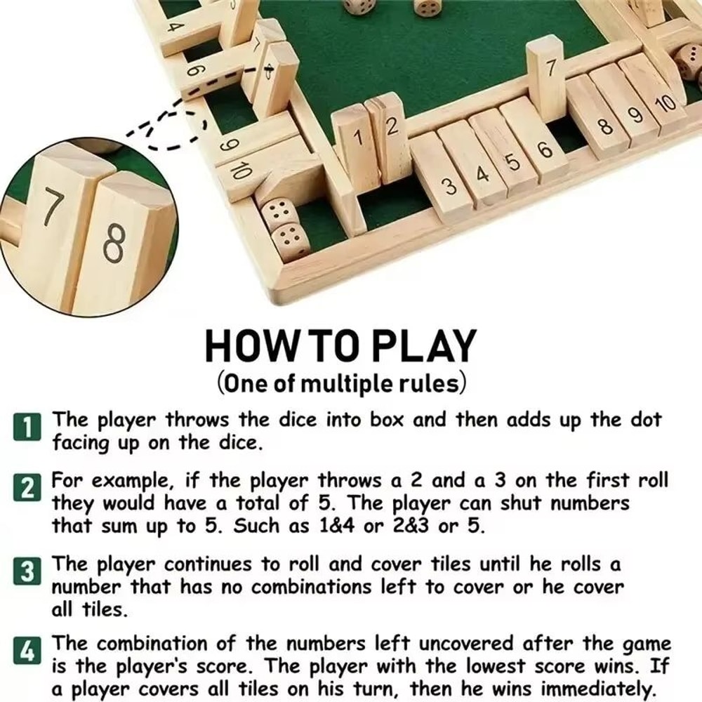 Deluxe Shut The Box Game Wooden Shut The Box Game 4 Player Dice Game With 10 Flip Tiles 4