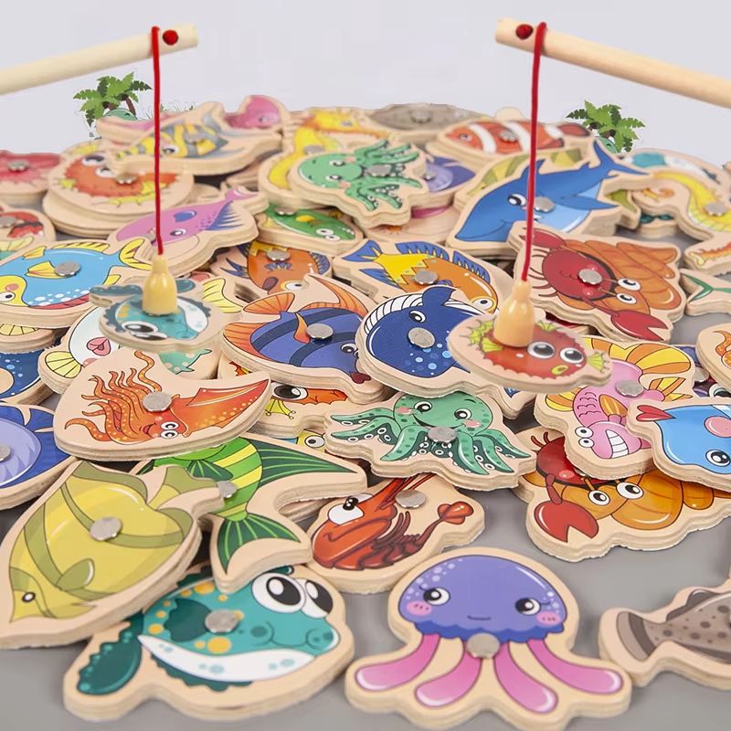 Kids Magnetic Fishing Game Wooden Sea Animal Set Montessori Play 1