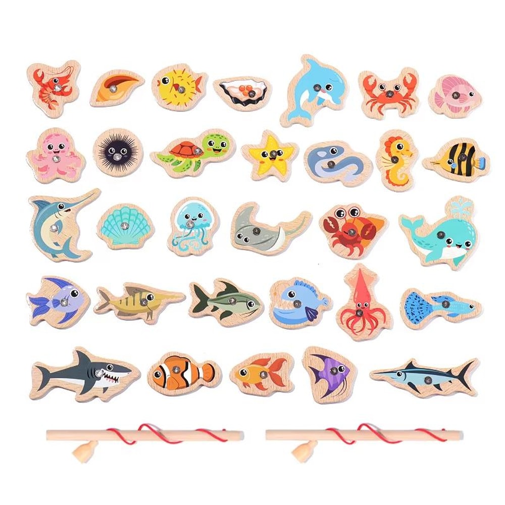 Kids Magnetic Fishing Game Wooden Sea Animal Set Montessori Play 4