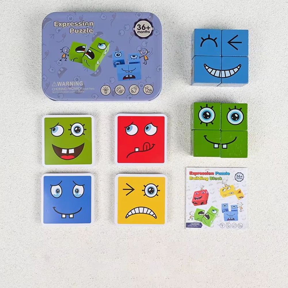Wooden FaceChanging Blocks Game Montessori Expression Puzzle For Kids 0