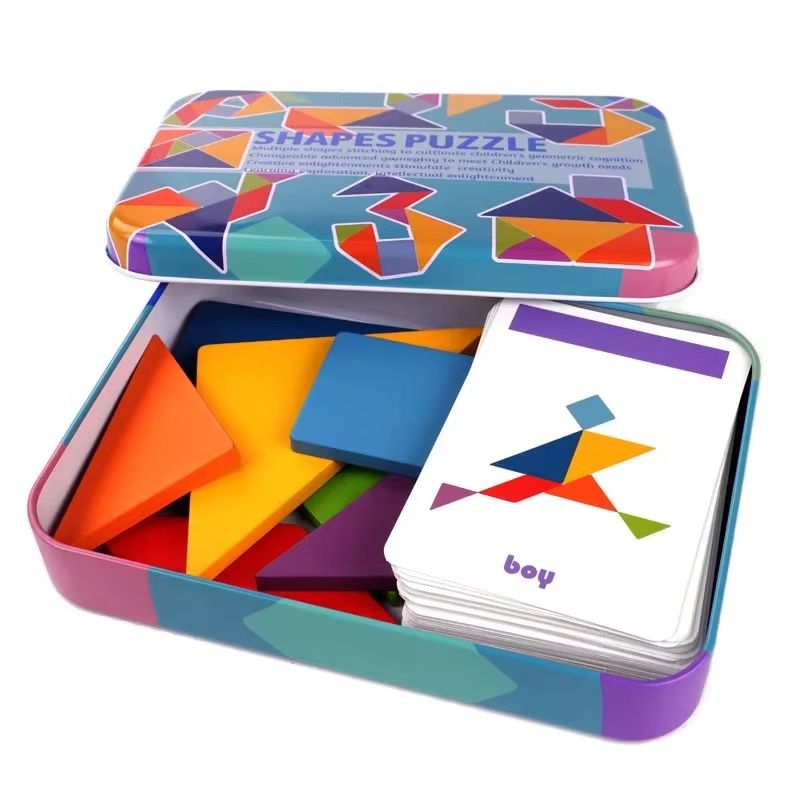 Colorful Wooden Tangram Puzzle In Tin Box Montessori Shape Pattern Learning Set 0
