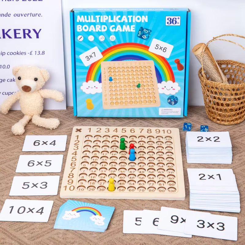 Wooden Multiplication Board Game With Cards Dice Montessori Math Toy For Kids 0