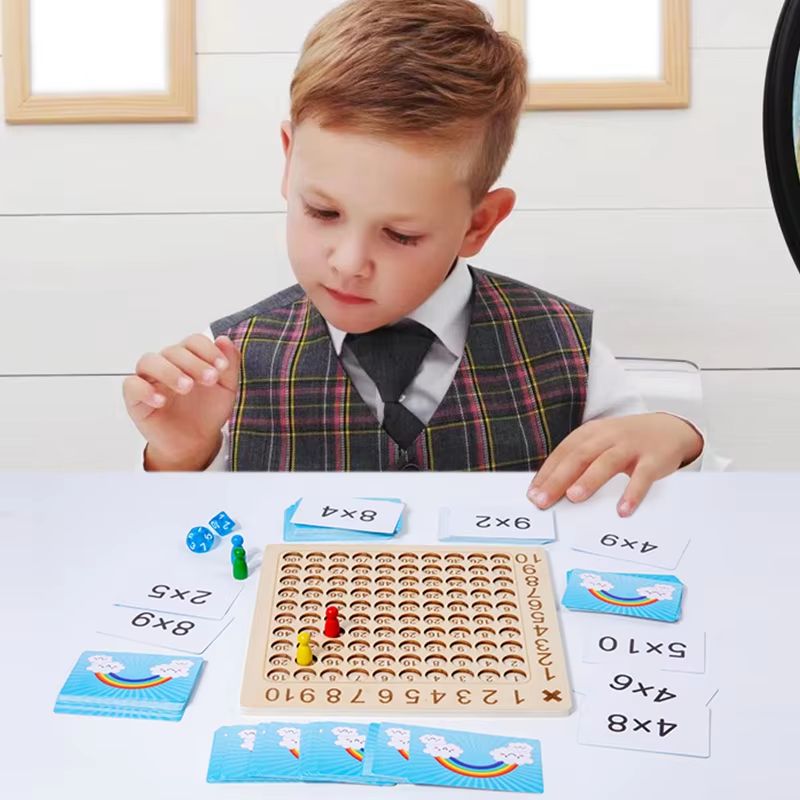 Wooden Multiplication Board Game With Cards Dice Montessori Math Toy For Kids 1