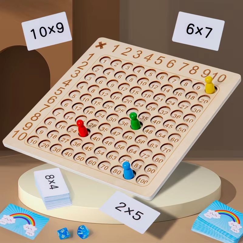 Wooden Multiplication Board Game With Cards Dice Montessori Math Toy For Kids 2