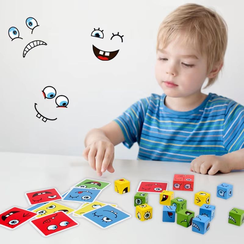 Wooden Face Changing Blocks Montessori Expression Puzzle Game Set 5