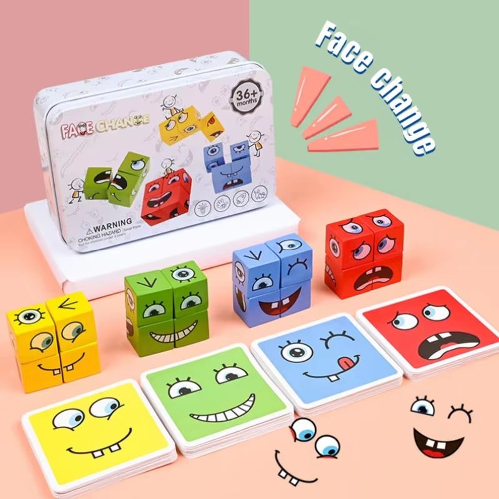 Wooden Face Changing Blocks Montessori Expression Puzzle Game Set 6