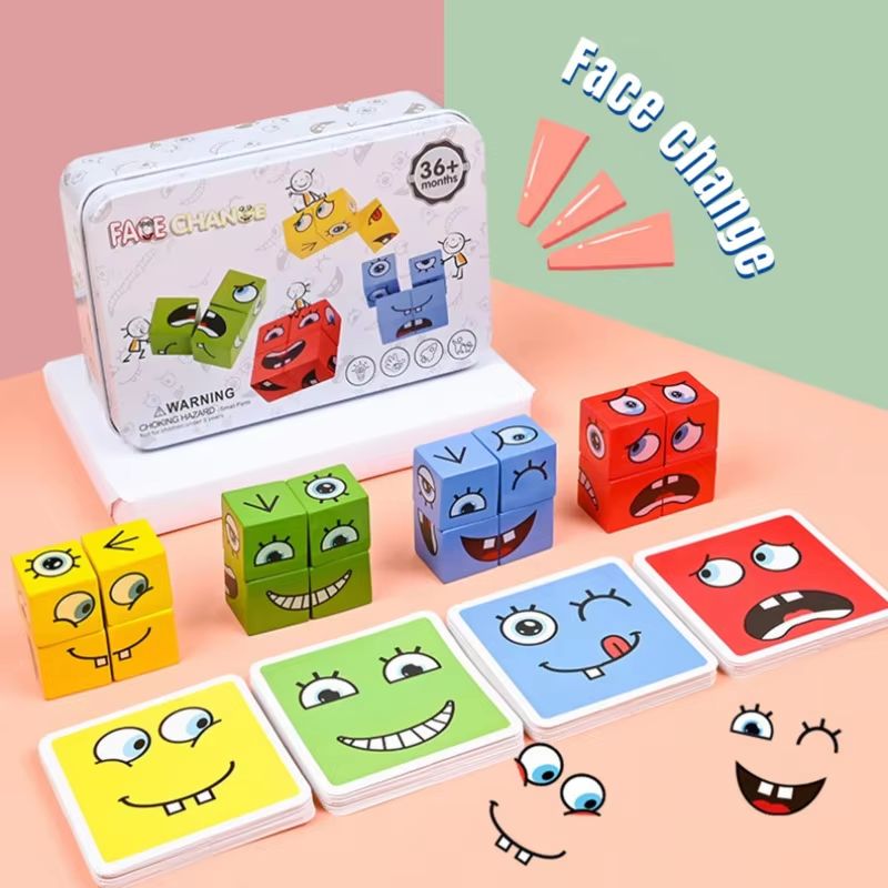 Wooden Face Changing Blocks Montessori Expression Puzzle Game Set 6