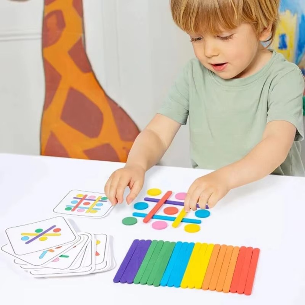 Rainbow Stick Puzzle Montessori Brain Teaser Wooden Stick Challenge Game With Pattern Cards 4