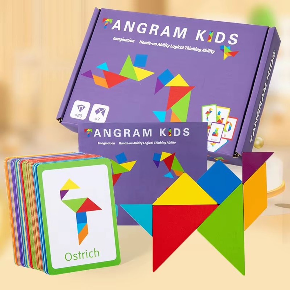 3D Wooden Tangram Puzzle Set Montessori Geometry Board Game For Kids 2