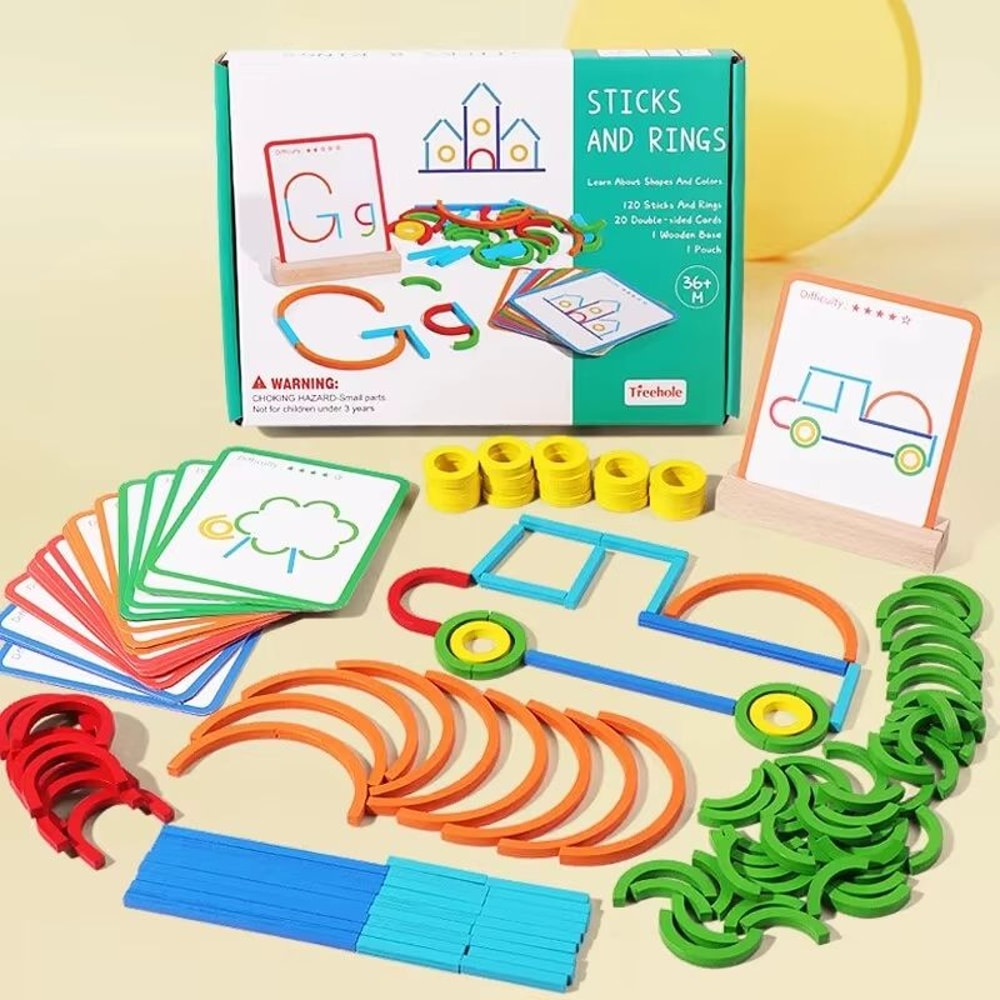 Wooden Sticks Rings Puzzle Set Montessori DIY BrainBuilder Blocks 5