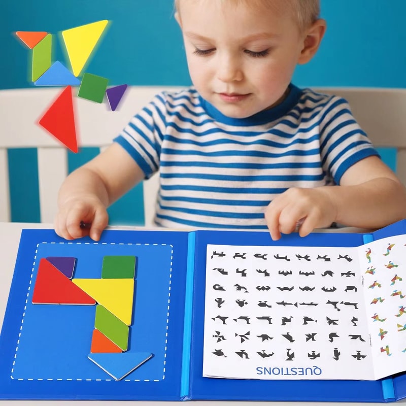 Magnetic Tangram Puzzle Book Montessori Wooden Jigsaw Geometric Shape Logic Game 5