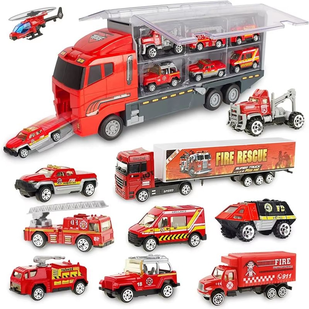 10in1 Construction Truck Toy Set With Storage Carrier DieCast Construction Vehicles 12