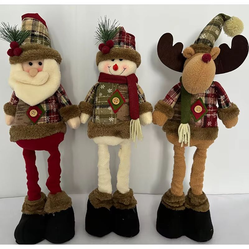 Stretchable Plaid Santa Snowman Reindeer Set Of 3 Cozy Christmas Plush Doll Decor 1