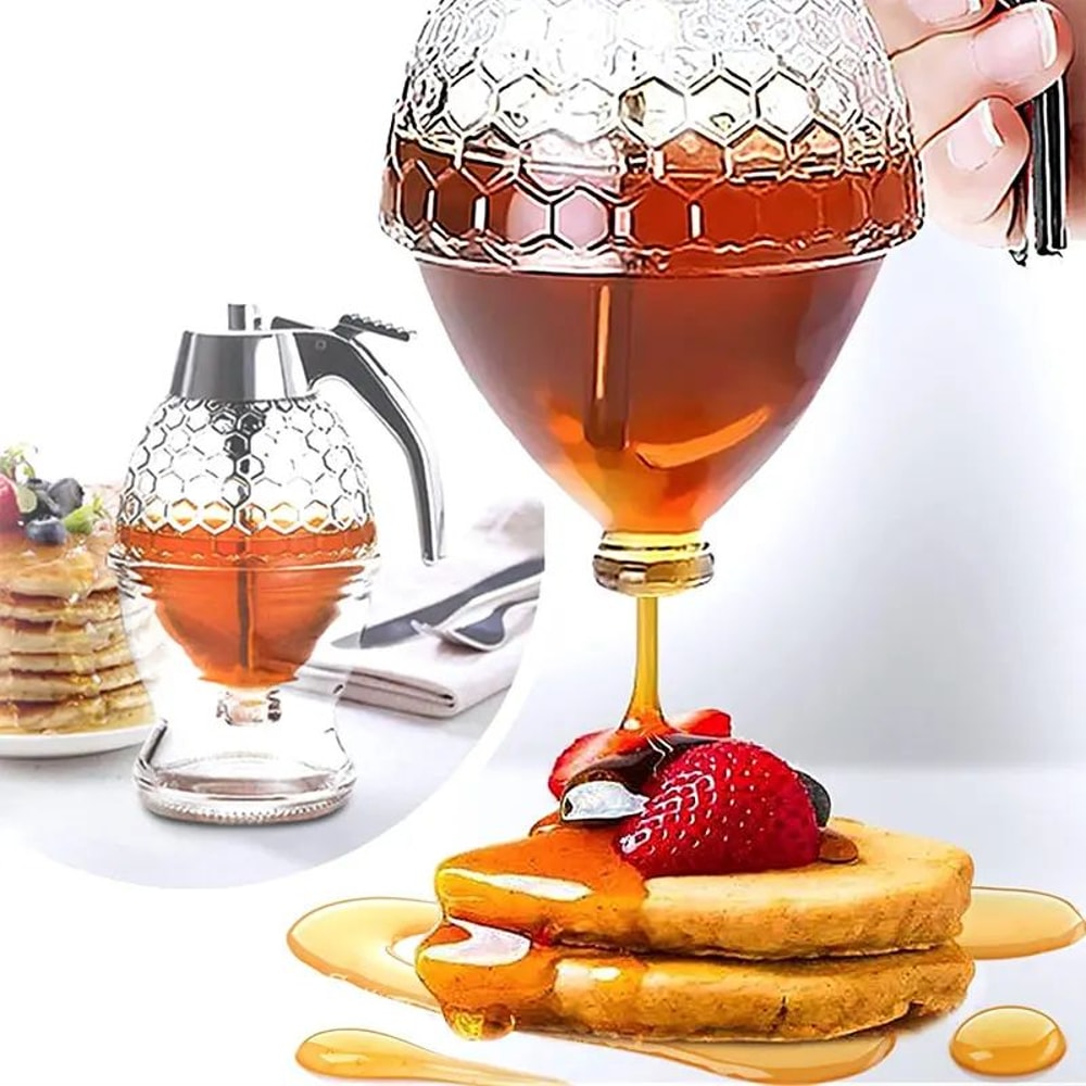 NoDrip Honey Dispenser With Stand Clear Acrylic Honey Pourer Jar For Syrup Juice 0