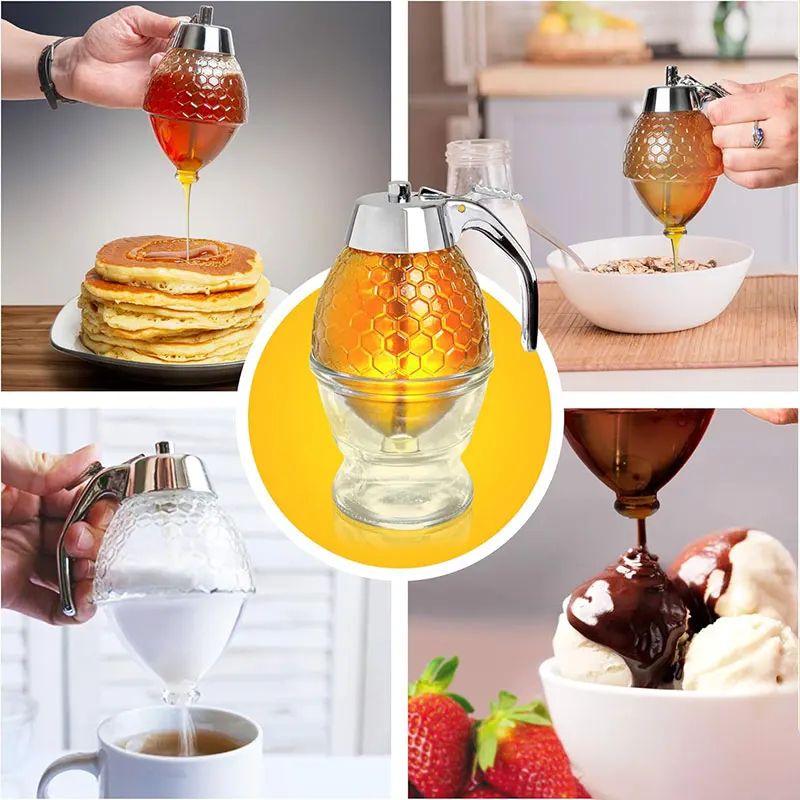 NoDrip Honey Dispenser With Stand Clear Acrylic Honey Pourer Jar For Syrup Juice 3